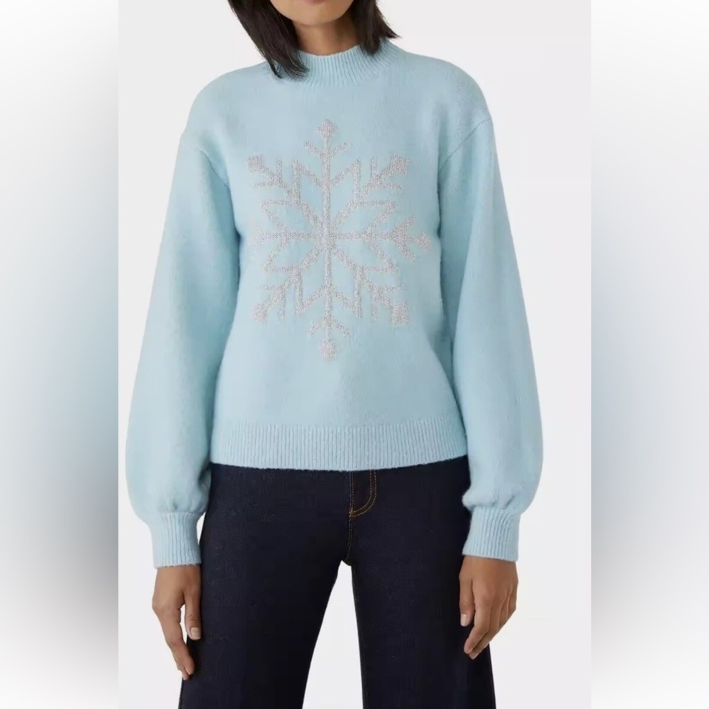 Kate Spade Wool Blend Light Blue Sweater with Pink Snowflake S Small